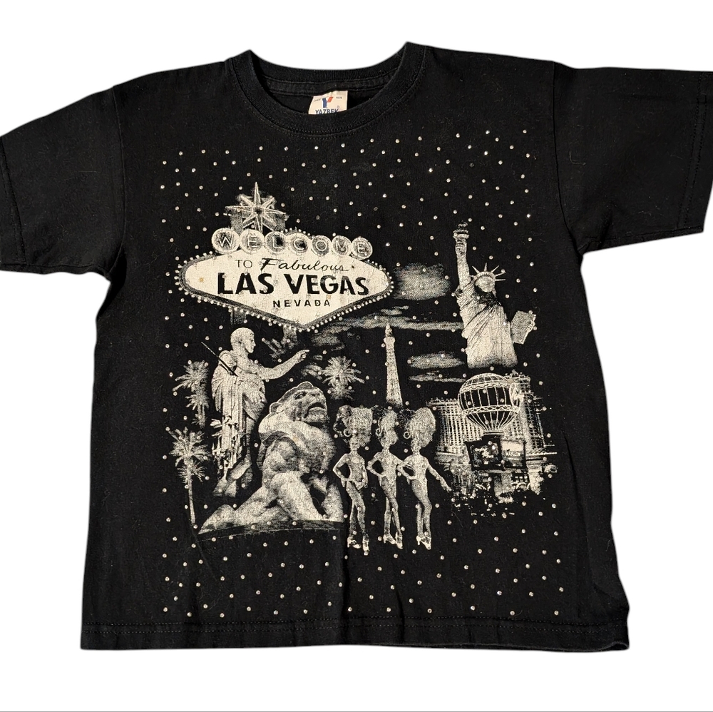 Vintage 90s Graphic Print Las Vegas Nevada USA T-Shirt Youth Large Sparkly‎